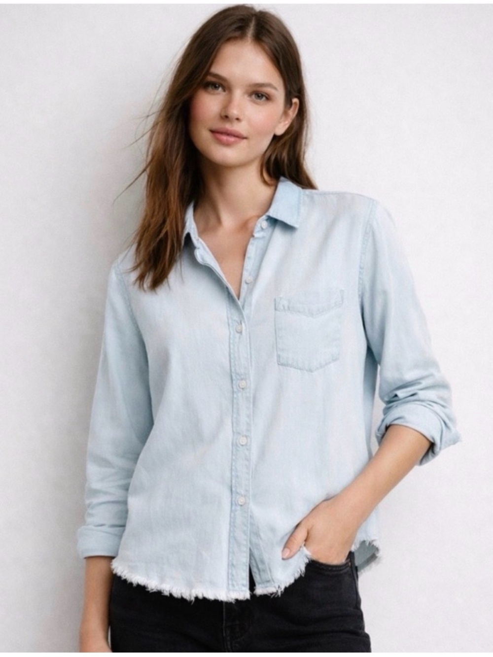 Rails Ingrid Raw Tencel Lyocell Shirt XS Light Vintage Chambray Raw Hem